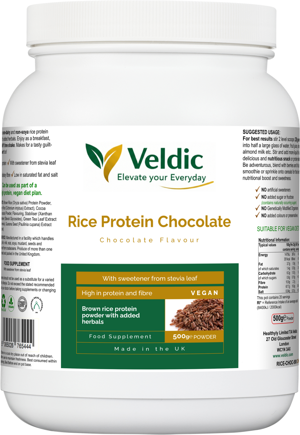 veldic rice protein chocolate for plant based muscle support