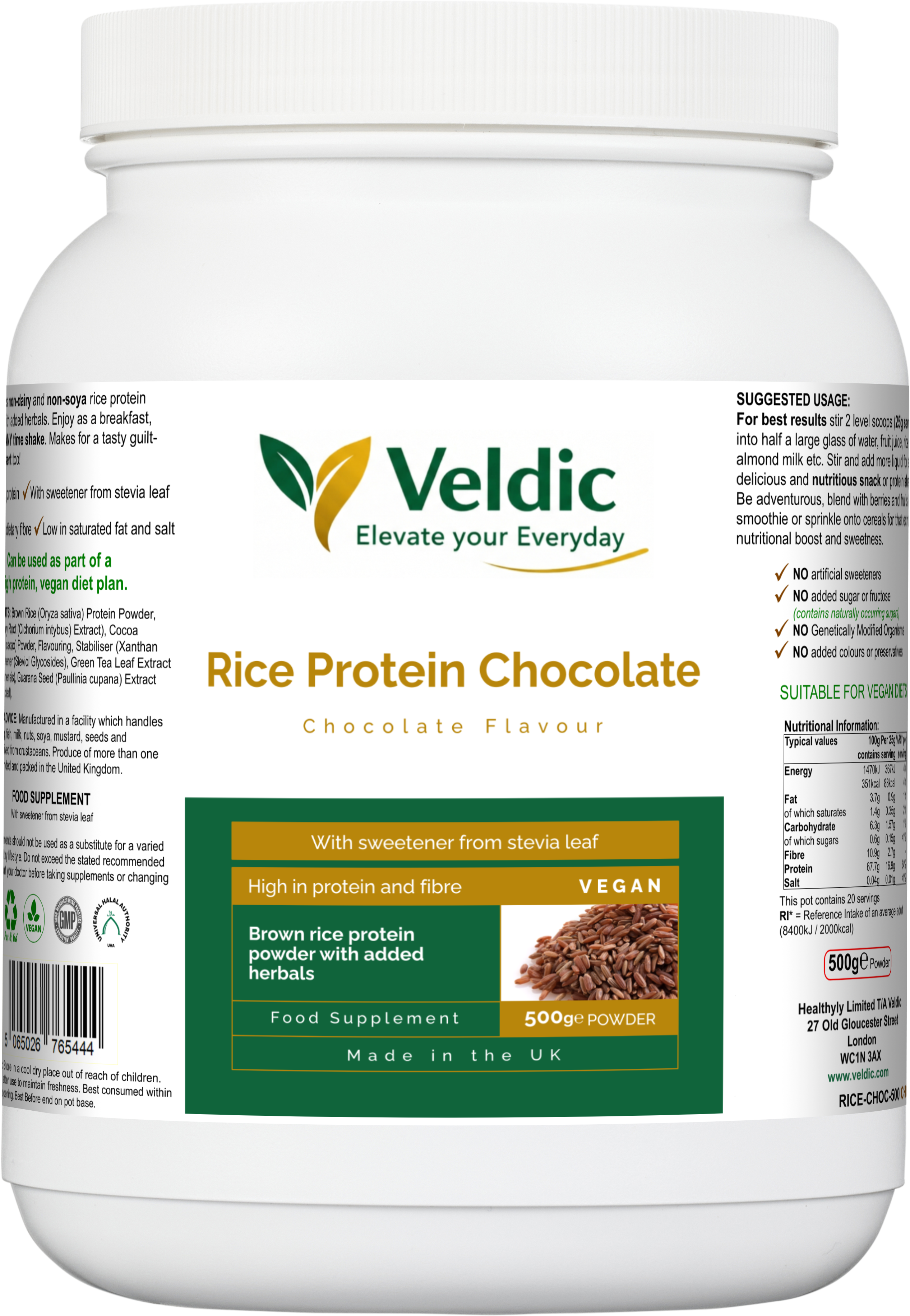 veldic rice protein chocolate for plant based muscle support