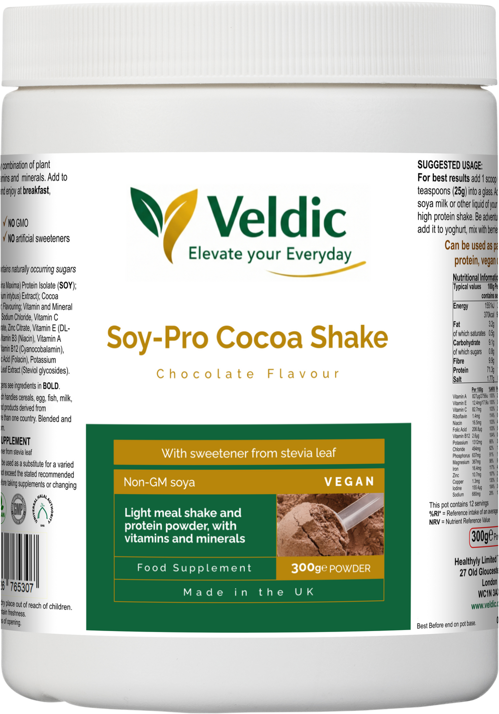 veldic soy pro cocoa shake for plant protein and muscle support