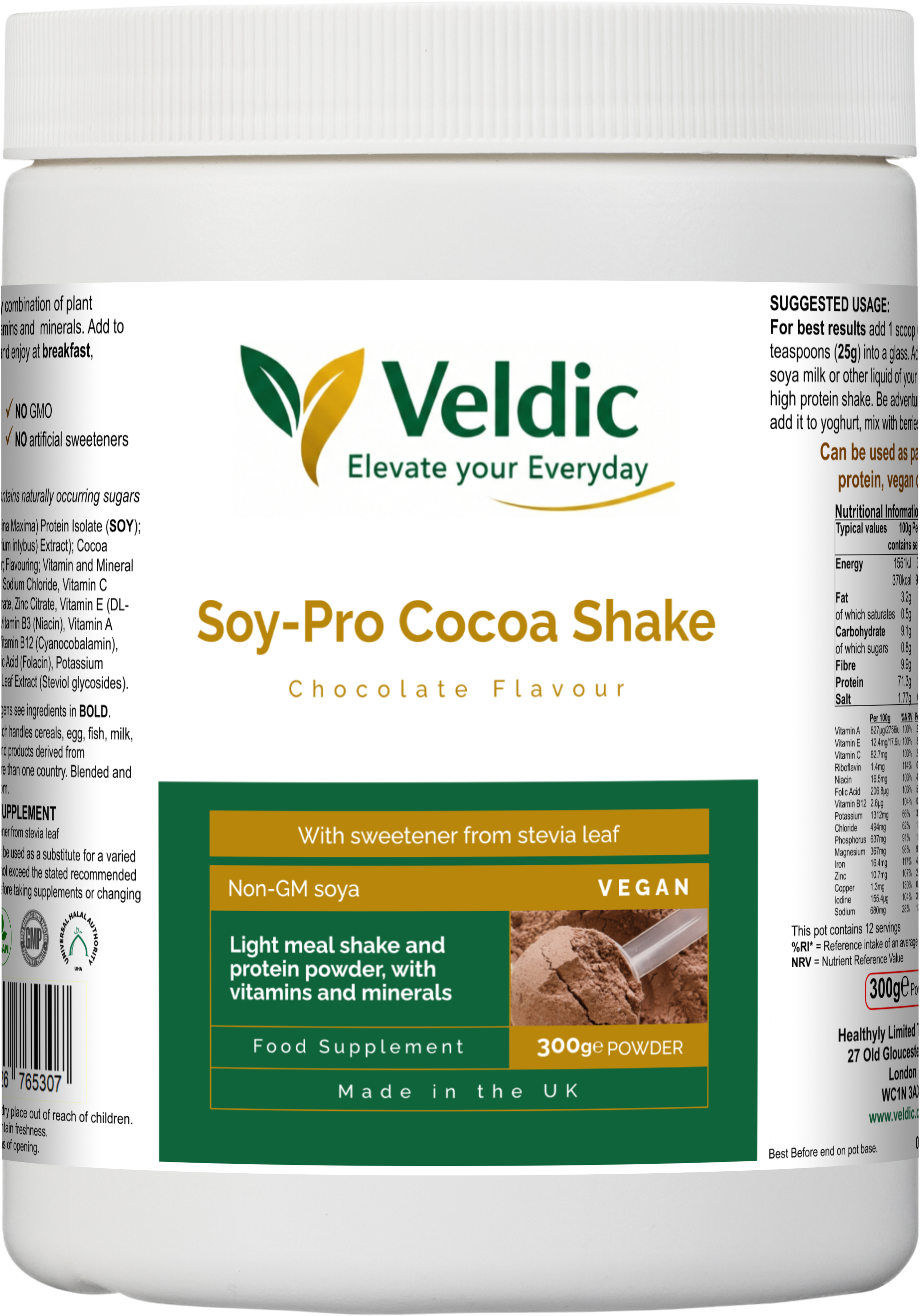 veldic soy pro cocoa shake for plant protein and muscle support