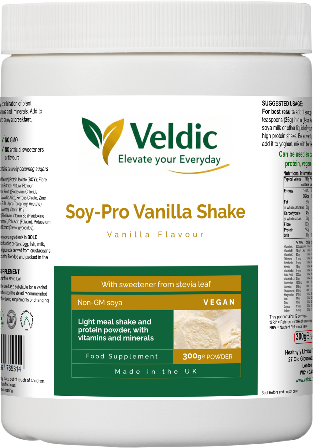veldic soy pro vanilla shake for plant protein and muscle support