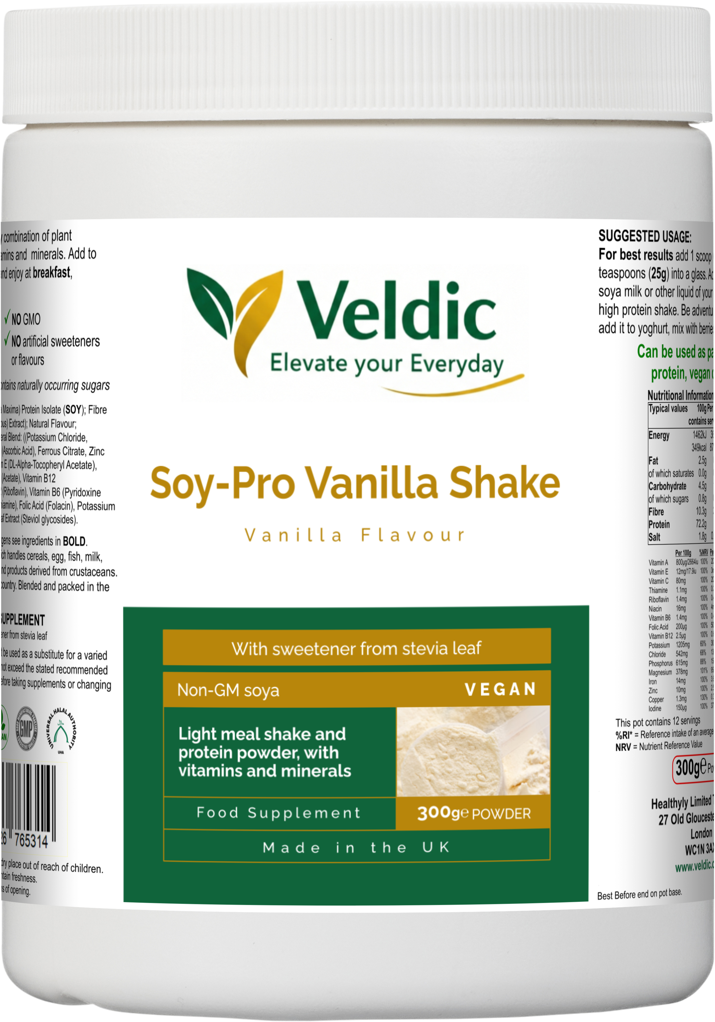 veldic soy pro vanilla shake for plant protein and muscle support